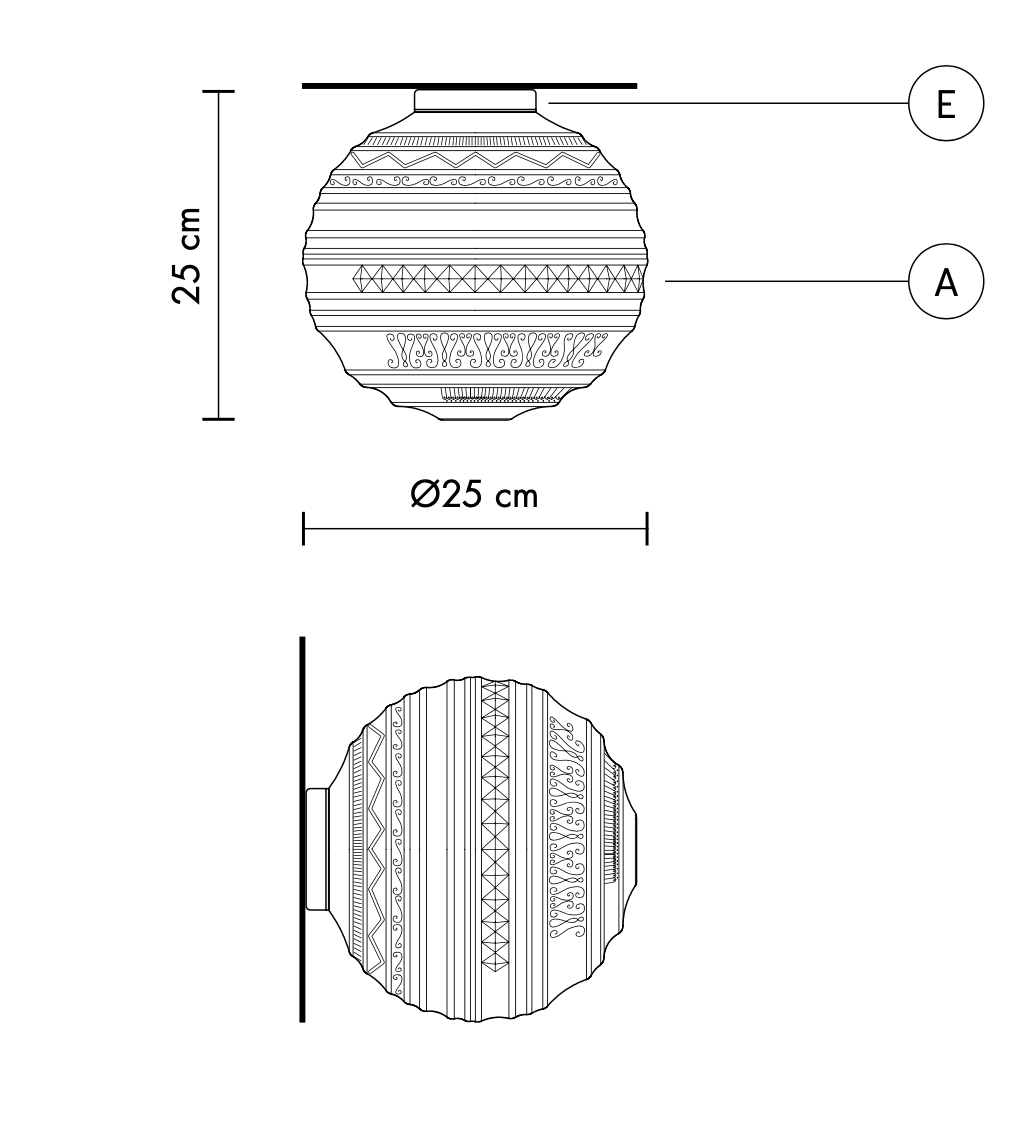 Technical drawing of a decorative ceiling light fixture with dimensions.