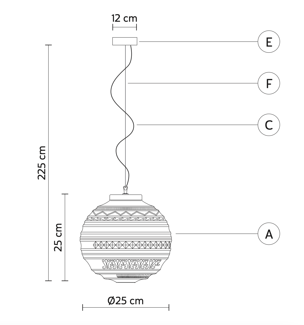 Technical drawing of a decorative pendant light with dimensions labeled.