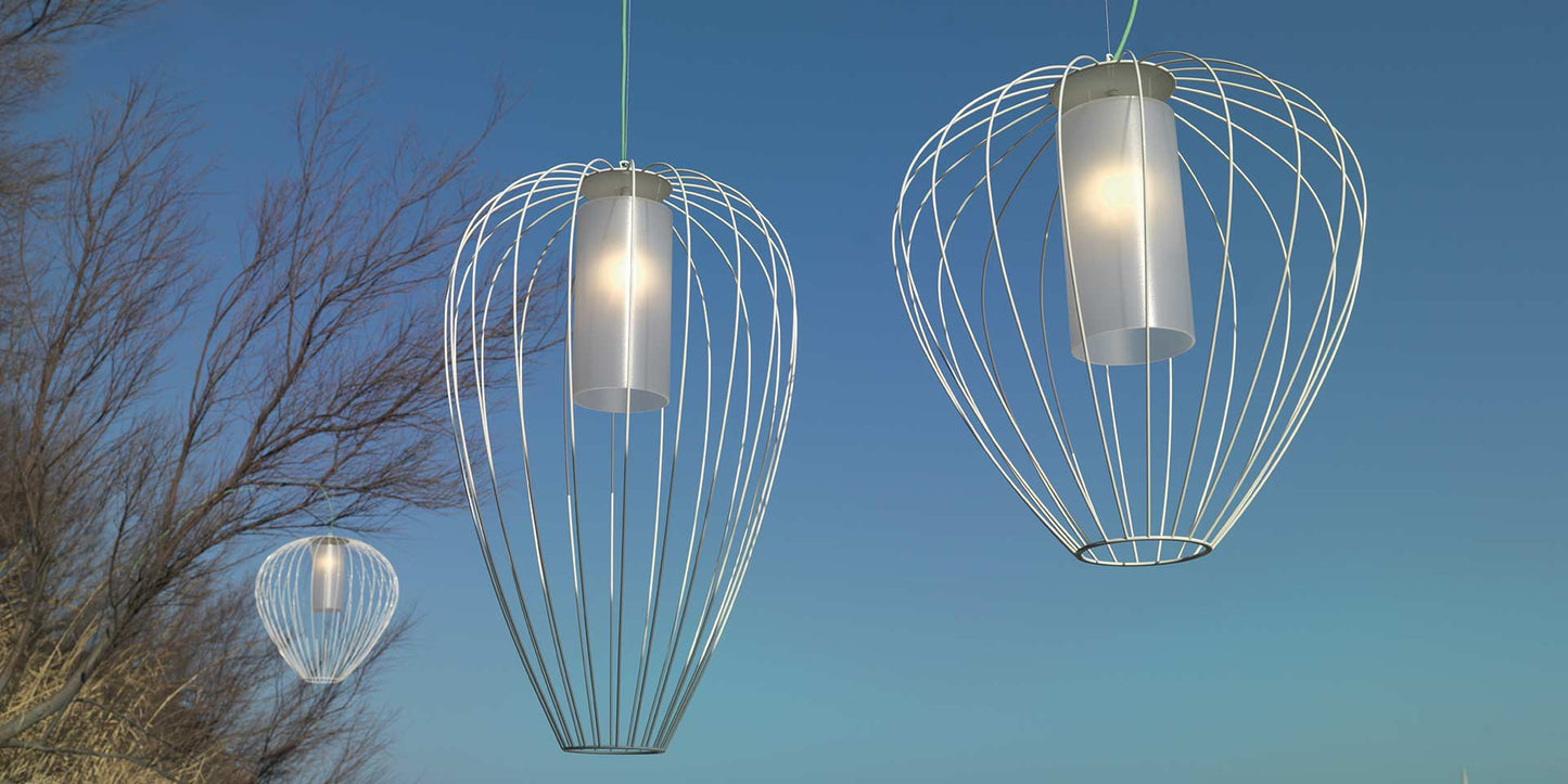 Cell Pendant Lamp, Wide, 87 cm H, White Metal with White Poly, E27, IP65