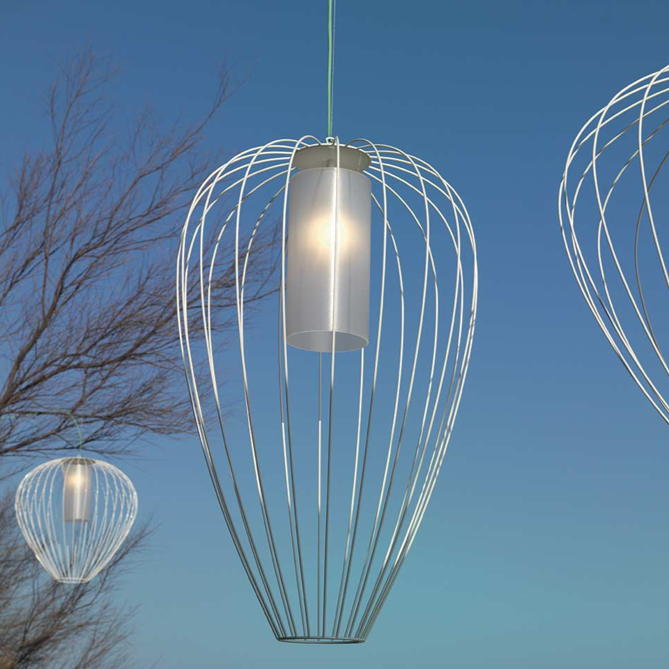 Cell Pendant Lamp, Wide, 87 cm H, White Metal with White Poly, E27, IP65