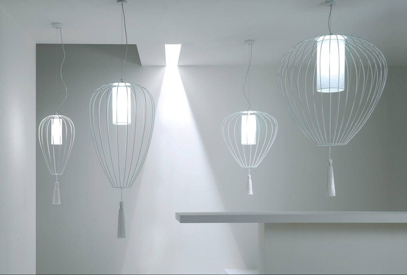 Cell Pendant Lamp, Tall, 88 cm H, White Metal with White Linen and White Tassel, E27, IP20