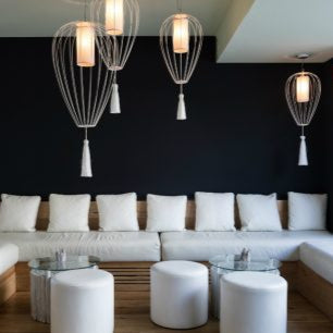 Cell Pendant Lamp, Tall, 88 cm H, White Metal with White Linen and White Tassel, E27, IP20