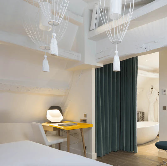 Cell Pendant Lamp, Tall, 88 cm H, White Metal with White Linen and White Tassel, E27, IP20