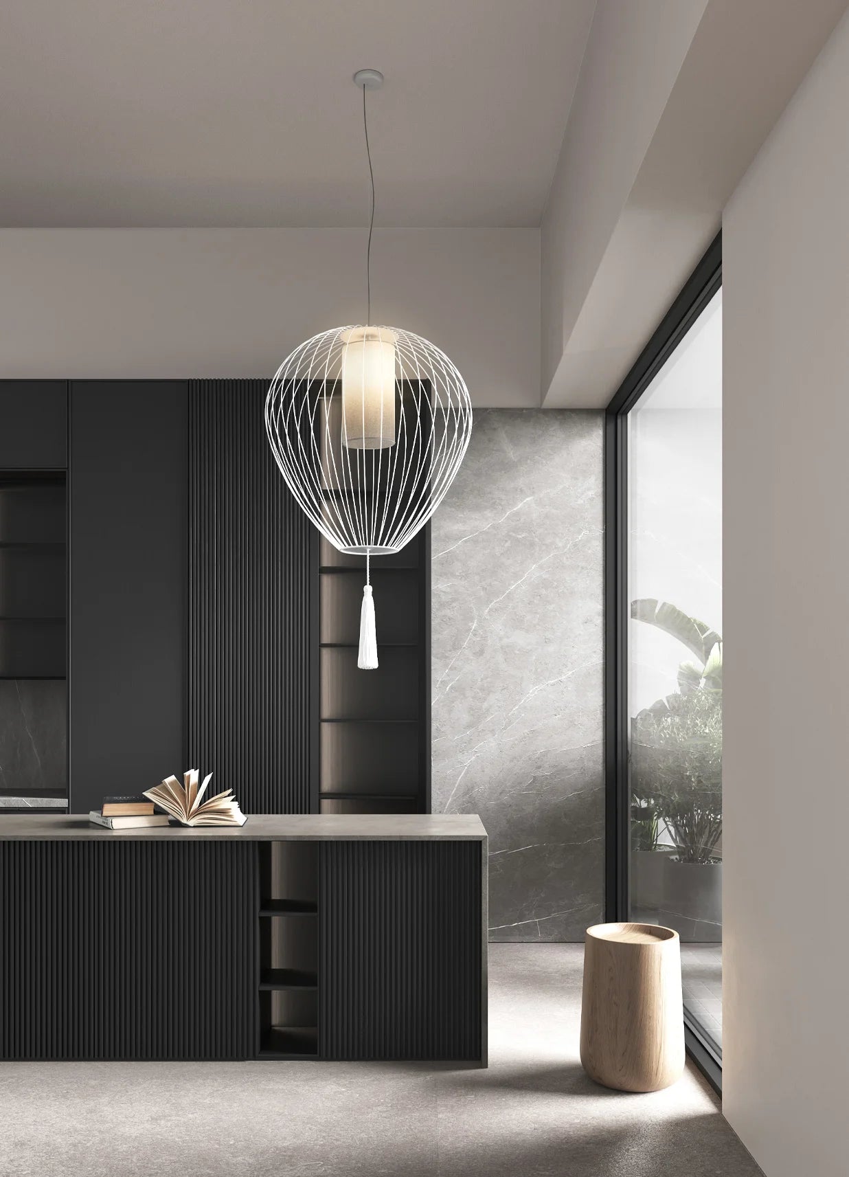 Cell Pendant Lamp, Tall, 88 cm H, White Metal with White Linen and White Tassel, E27, IP20