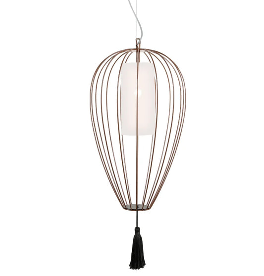 Cell Pendant Lamp, Tall, 58 cm H, Bronze Metal with White Linen and Black Tassel, E27, IP20