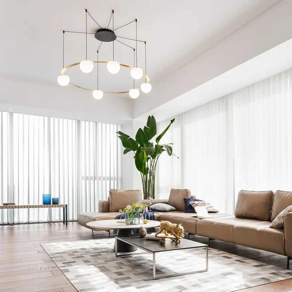 Circ Round Pendant, 7 Lights, White Glass with Gold Hardware, Surface Mount, LED, Triac Dim, IP20