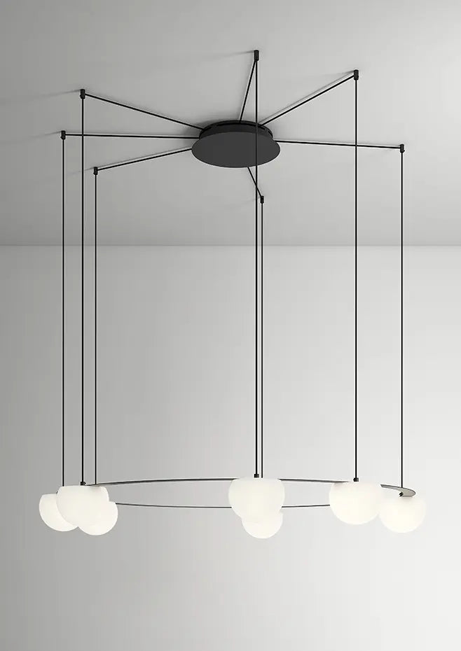 Circ Round Pendant, 7 Lights, White Glass with Gold Hardware, Surface Mount, LED, Triac Dim, IP20