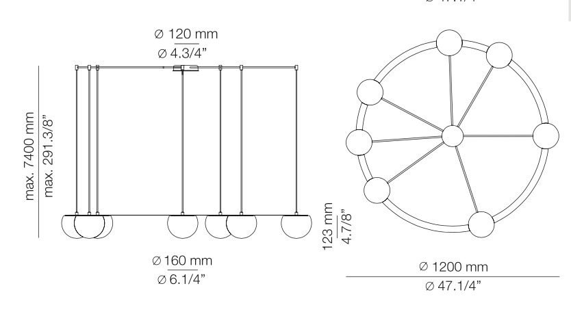 Circ Round Pendant, 7 Lights, White Glass with Black Hardware, Recessed Mount, LED, Triac Dim, IP20