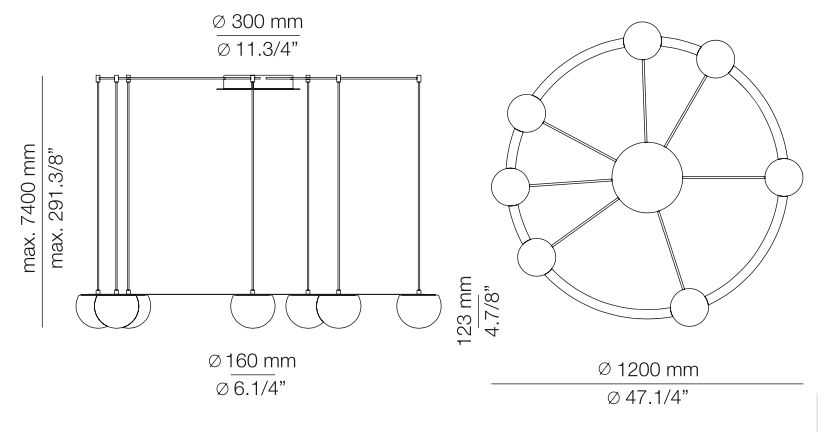 Circ Round Pendant, 7 Lights, White Glass with Gold Hardware, Surface Mount, LED, Triac Dim, IP20