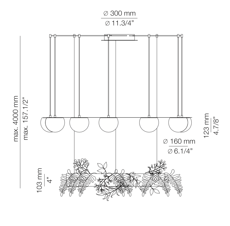 Circ Round Pendant, 7 Lights, White Glass with Black Hardware and Faux Greenery, Surface Mount, LED, Triac Dim, IP20