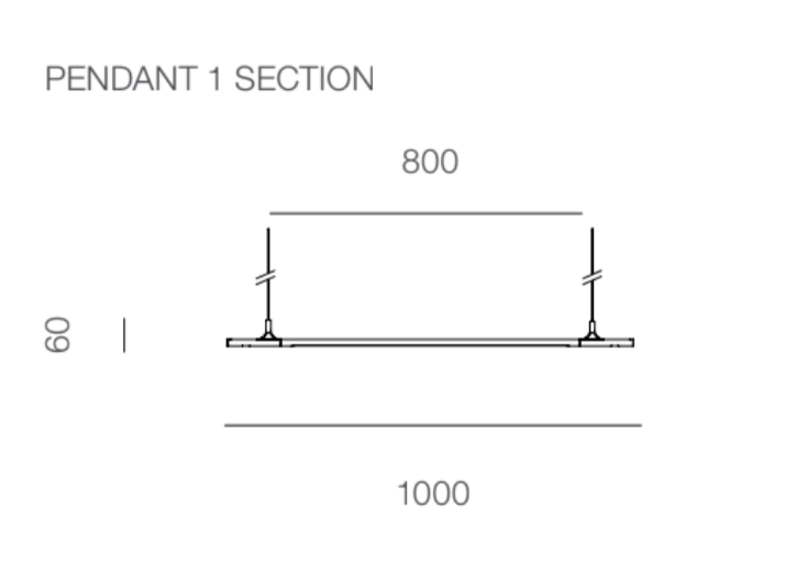 Technical drawing of a pendant light section with dimensions labeled