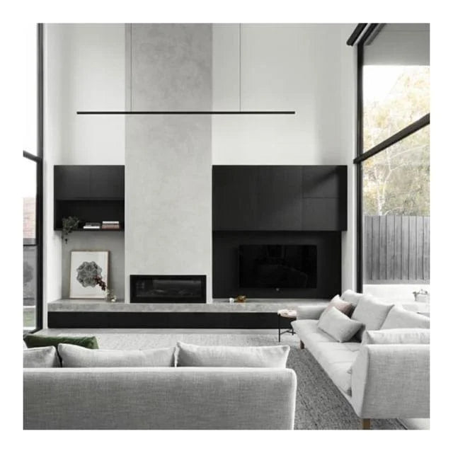 Highline Linear Pendant in Black in Lounge with High Ceilings