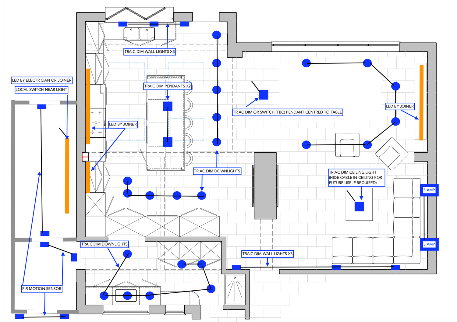 Electrical wiring diagram of a room layout with labeled components
