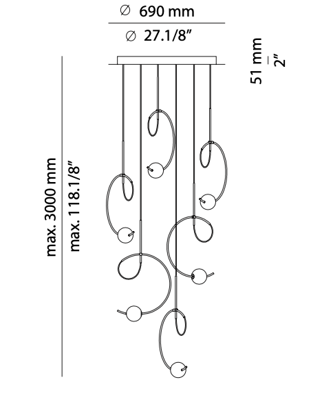 Estiluz Loop Pendant with 6 lights in a cluster technical drawing