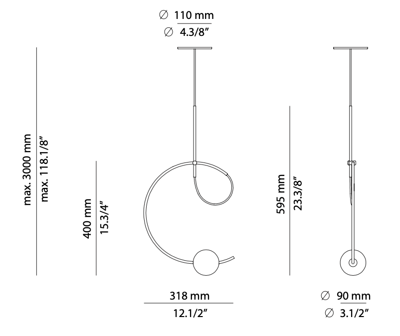 Estiluz Loop pendant with recessed mounted canopy technical drawing