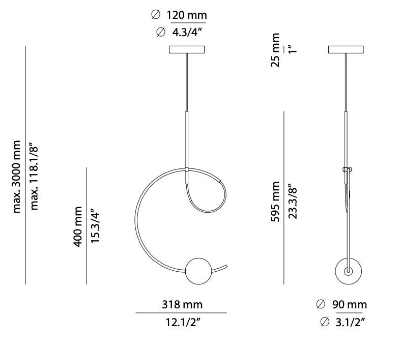 Estiluz Loop pendant with surface mounted canopy technical drawing