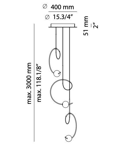 Estiluz Loop Pendant with 3 lights in a cluster technical drawing