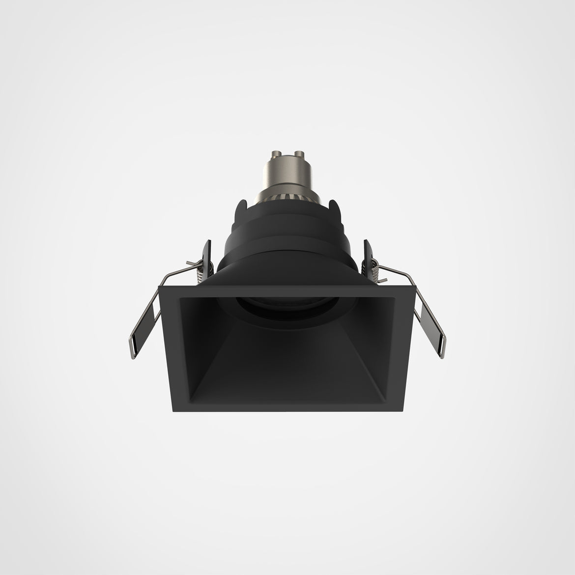 Black square recessed ceiling light on a white background