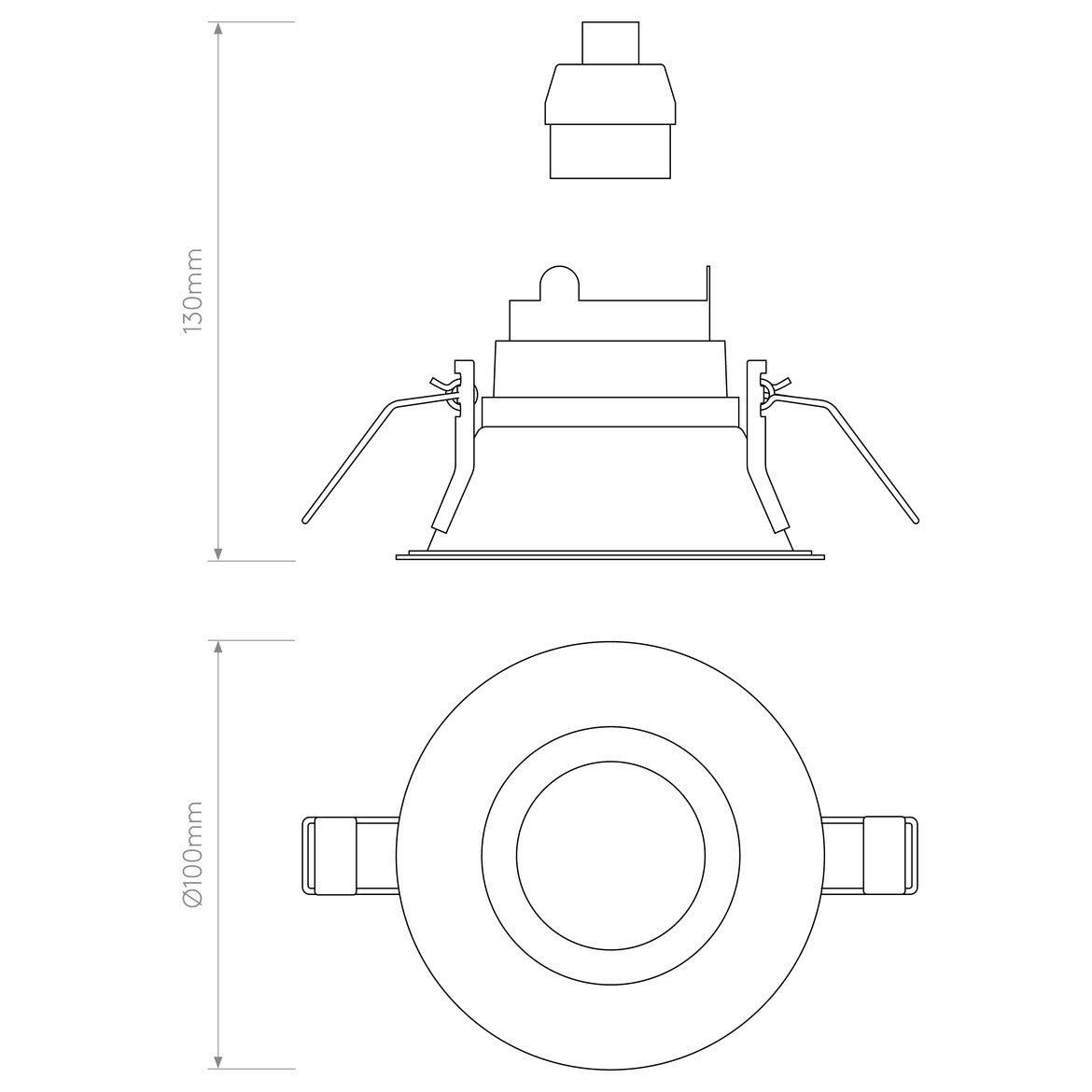 Technical drawing of a ceiling light fixture with dimensions on a white background