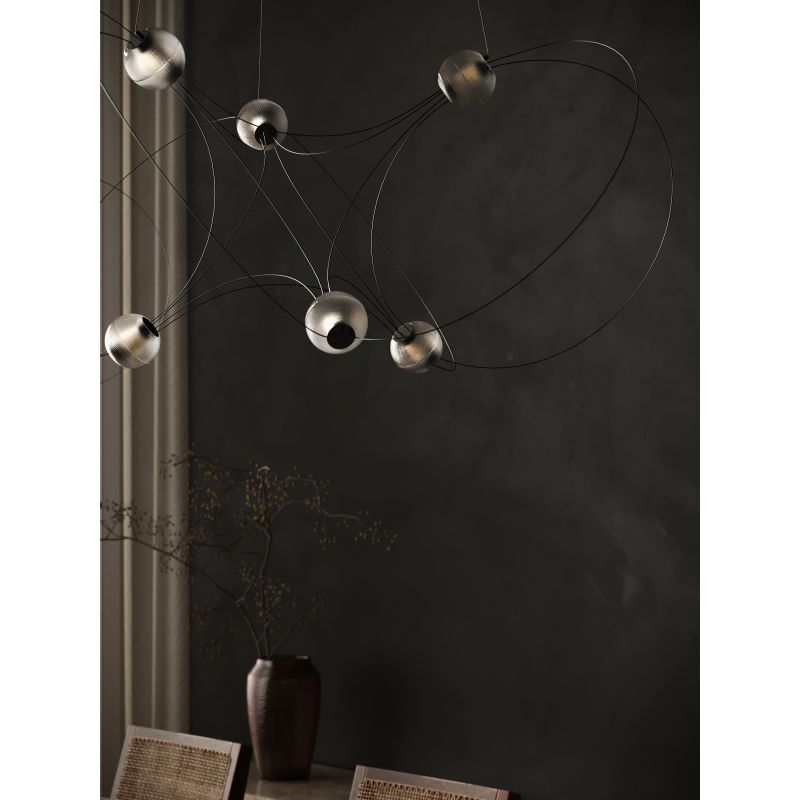 Munari 10, Oblong, Gold Steel with Frosted Acrylic Spheres, LED, 32W, 2400K, Triac Dim, IP20