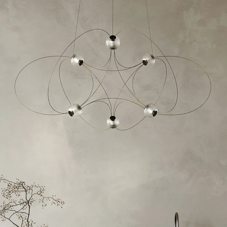 Munari 10, Oblong, Gold Steel with Frosted Acrylic Spheres, LED, 32W, 2400K, Triac Dim, IP20