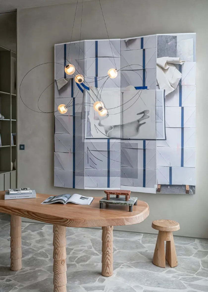 Munari 10, Oblong, Gold Steel with Frosted Acrylic Spheres, LED, 32W, 2400K, Triac Dim, IP20