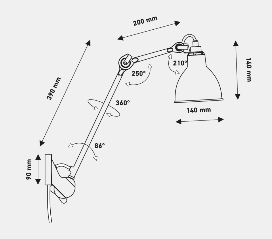Gras N222 Adjustable Wall Long Up Arm Gold Shade, Plug In, E14, IP20