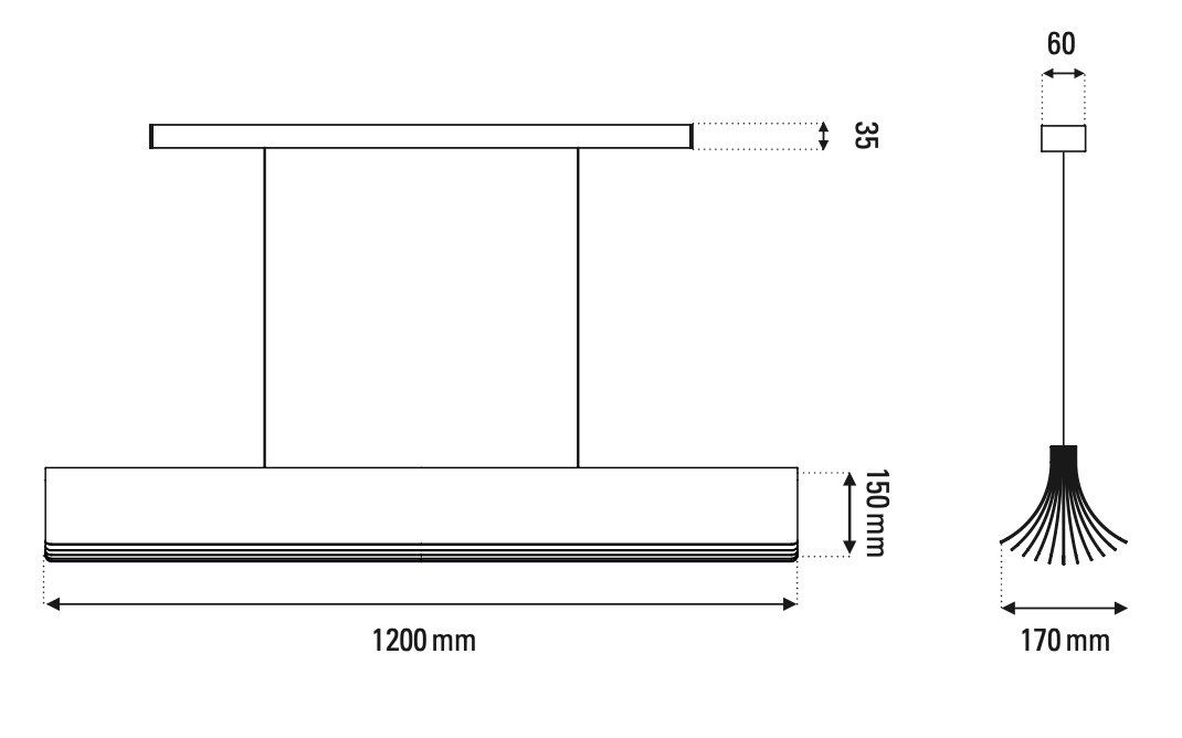 DCW Editions Respiro 1200mm linear pendant technical drawings