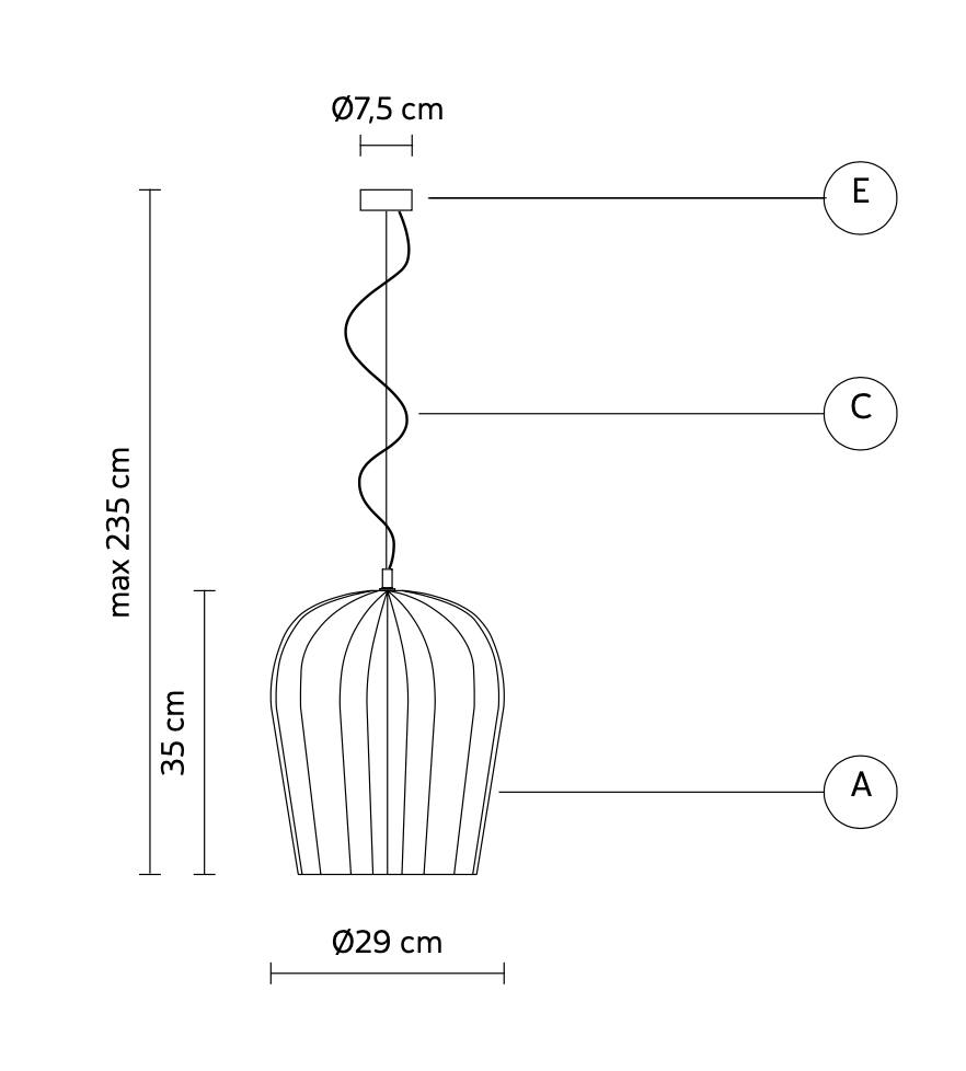 Technical drawing of the Sahara dome pendant light by Karman Italia with dimensions labeled