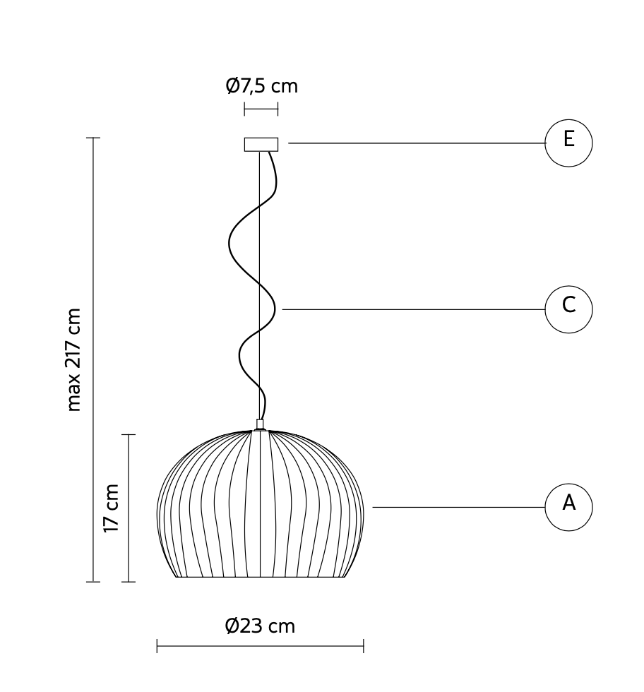 Technical drawing of the round Sahara pendant light by Karman Italia with dimensions labeled