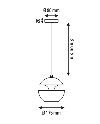 Technical drawing of a pendant light with dimensions labeled