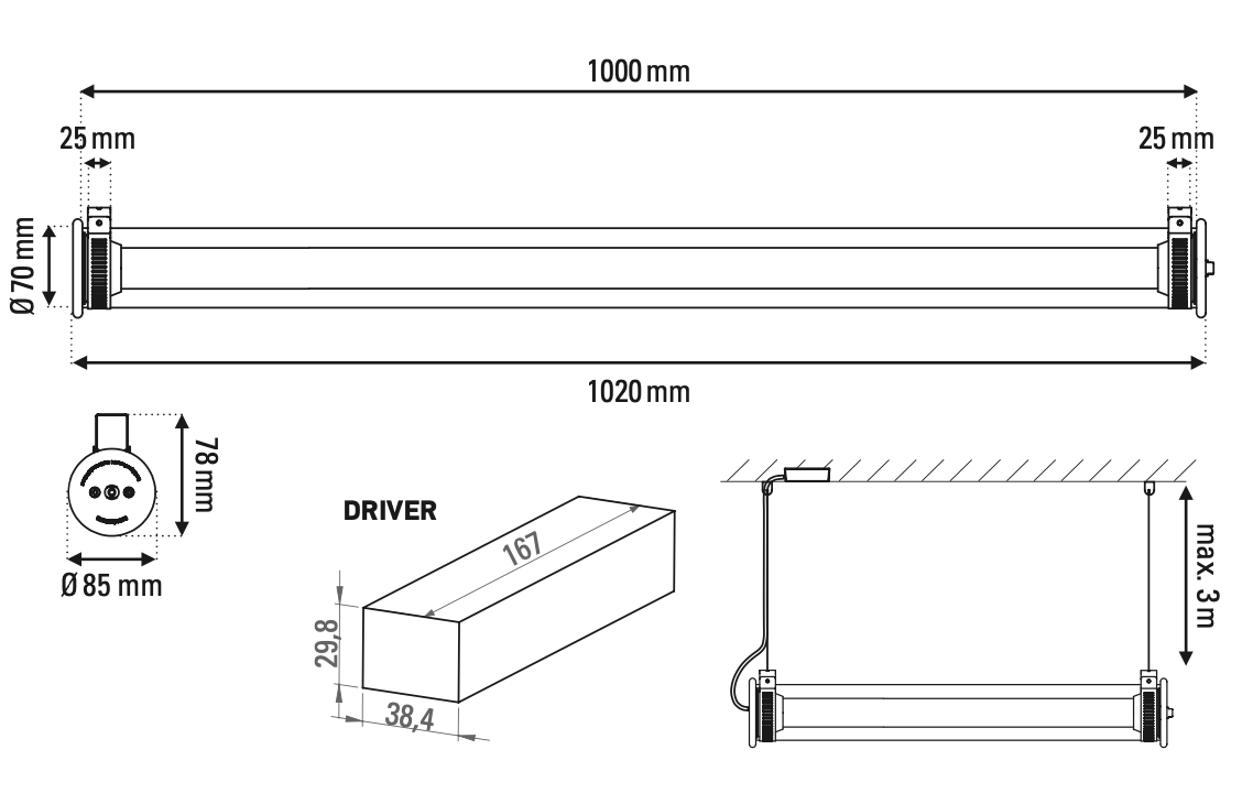 Tube 360 Pendant, Horizontal, 102 cm, White, LED, Triac Dim, IP65