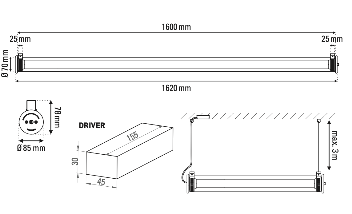 Tube 360 Pendant, Horizontal, 162 cm, White with Silver, LED, Triac Dim, IP65