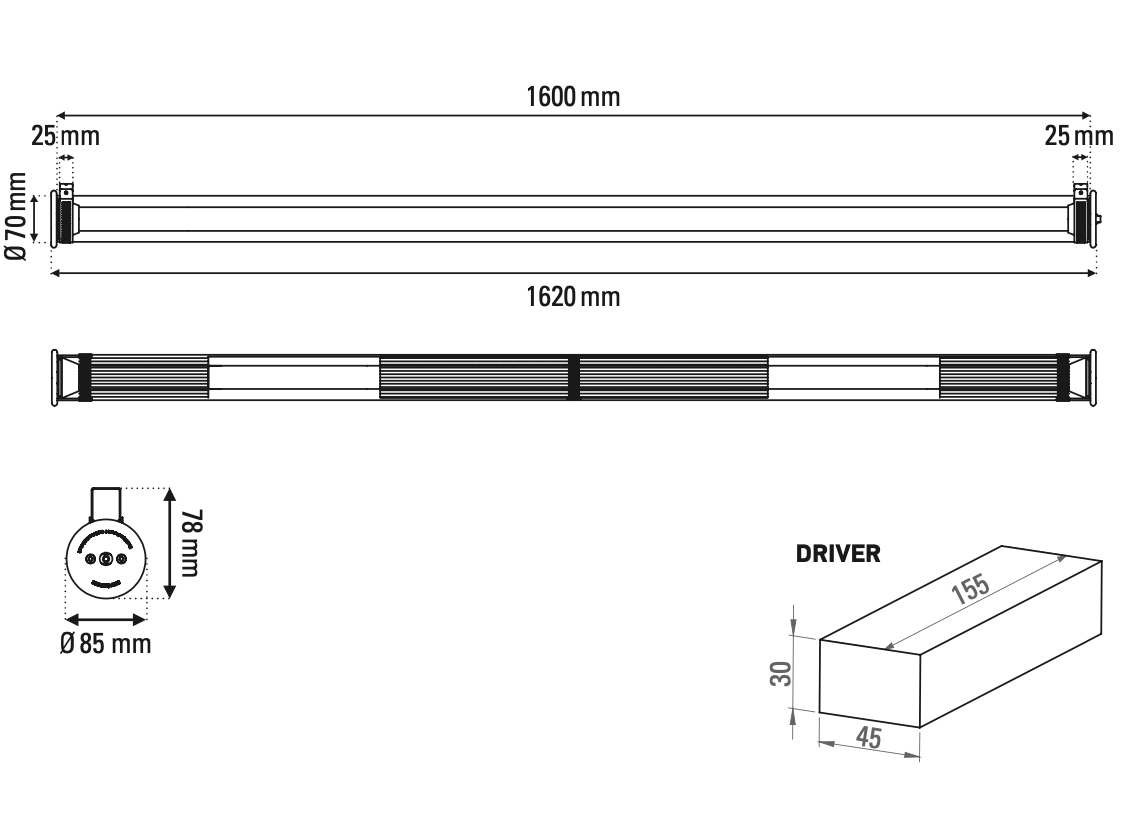 Tube 360 Wall, 162 cm, White with Silver, LED, Triac Dim, IP65