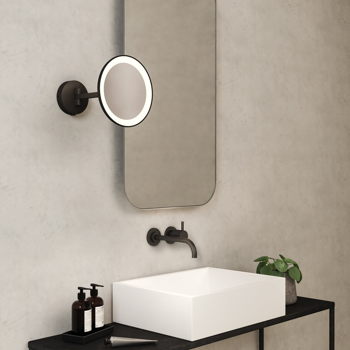 Mascali Wall Light with Mirror, Black, LED, On/Off Thumbswitch, IP44