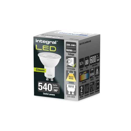 Z: Integral Bulb GU10, White, LED, 5.7W, 3000K, 540 Lumens, Dimmable, [ILGU10DD120]