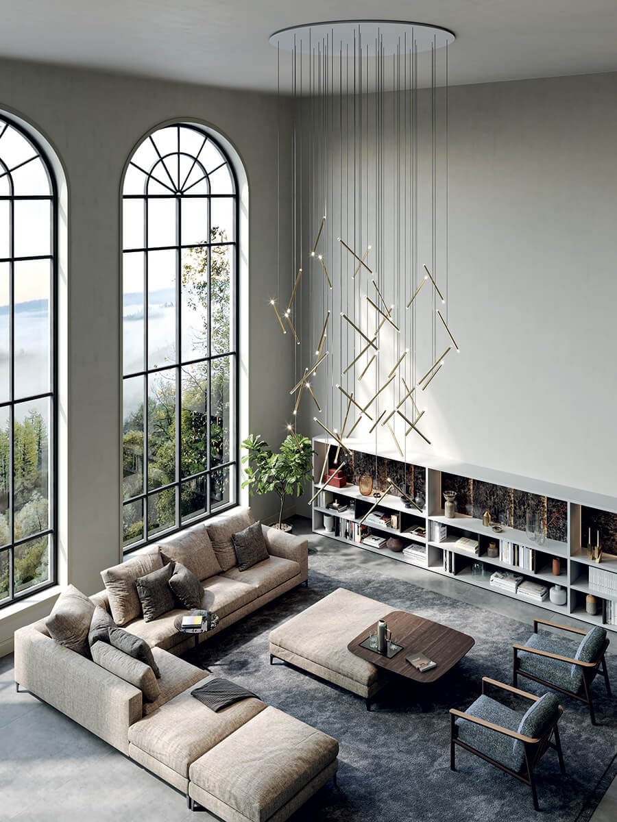 Lodes A-Tube Nano Duo cascading chandelier in a lounge with high ceilings