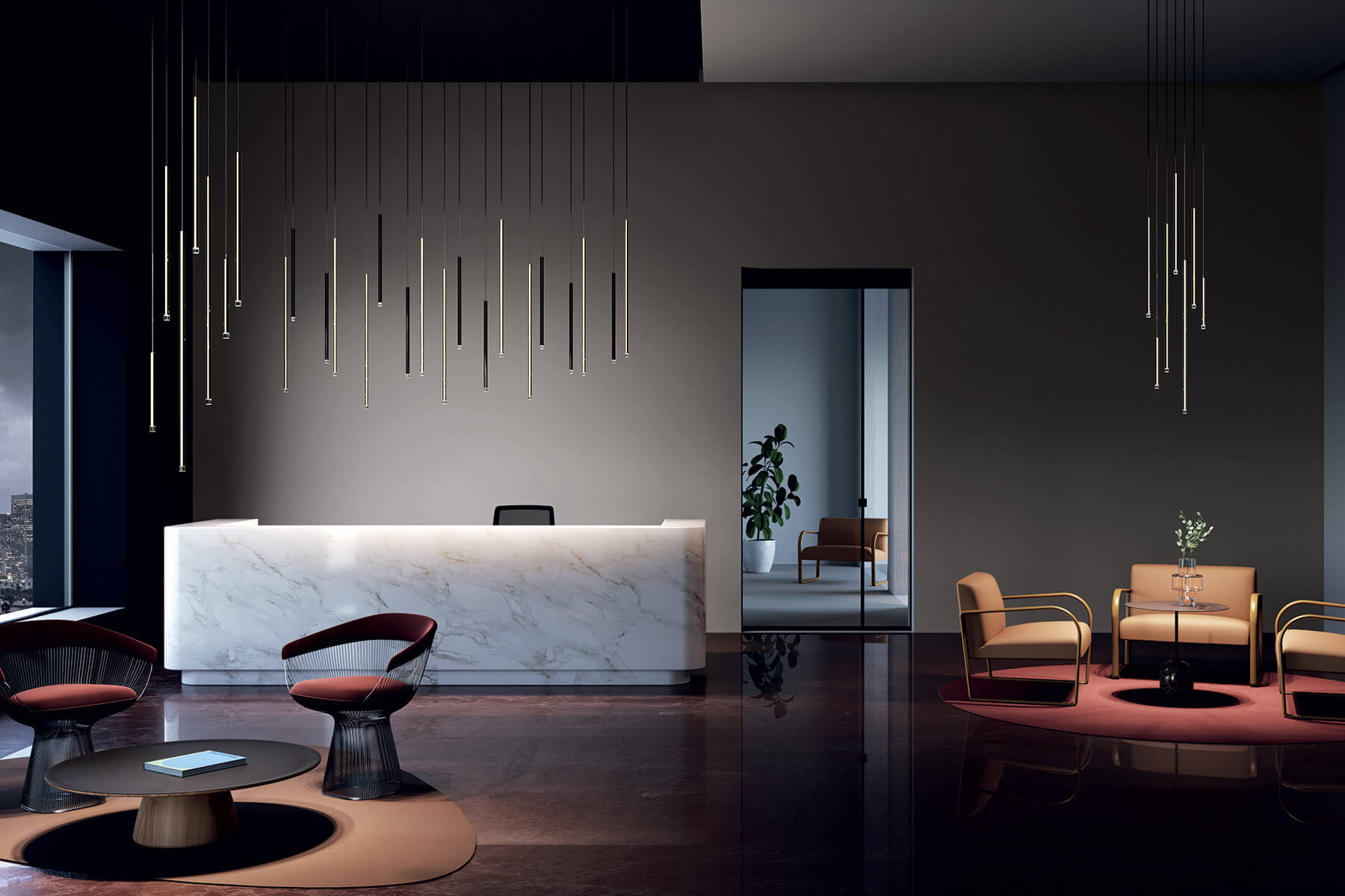 Lodes A-Tube Nano pendants in modern reception office