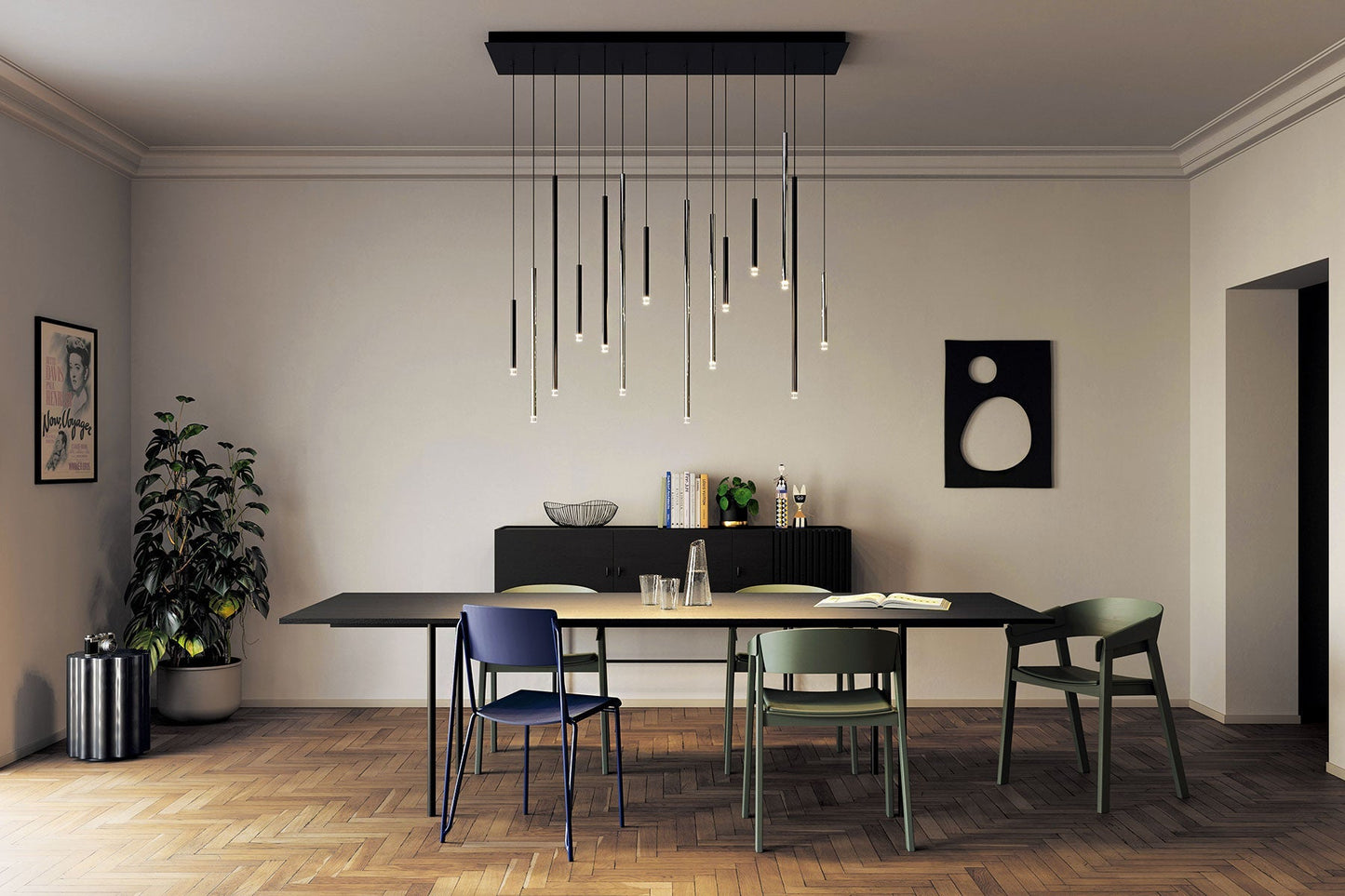 Lodes A-Tube pendant over long rectangle dining table