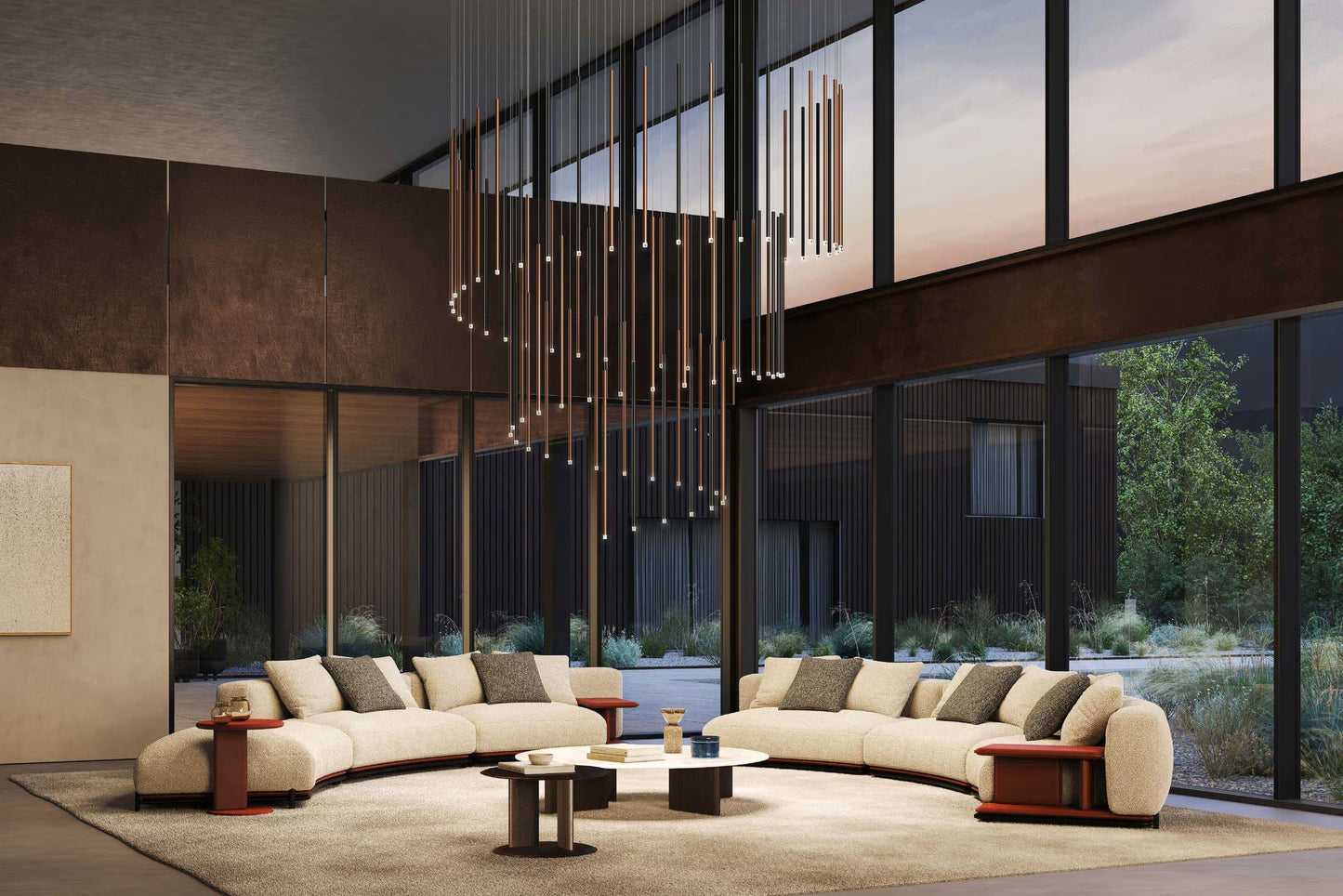Lodes A-Tube Nano pendants in terra finish in a spiral cluster over a large lounge seating area with curved sofas
