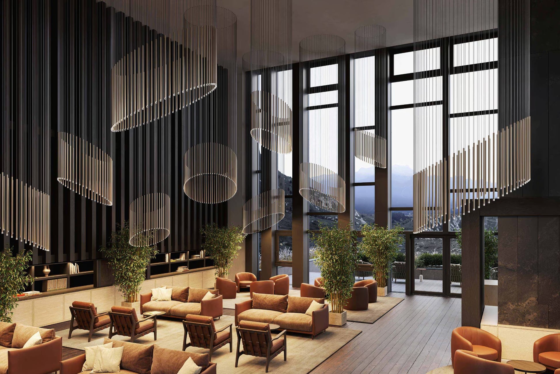 Lodes A-Tube Nano pendants in a slanted circular cluster in large hotel reception area