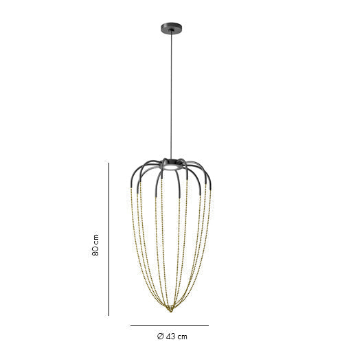Axo Light Alysoid Pendant 43 with brass beads and canopy on a white background with technical information
