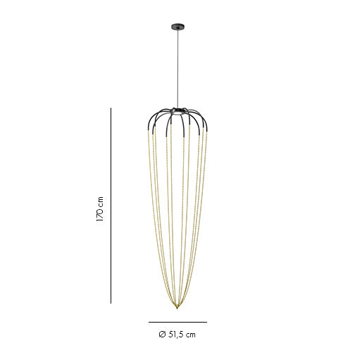 Axo Light Alysoid Pendant 51 long brass beads on a white background with technical information