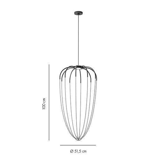 Axo Light Alysoid Pendant 51 short with black beads and canopy on a white background with technical information