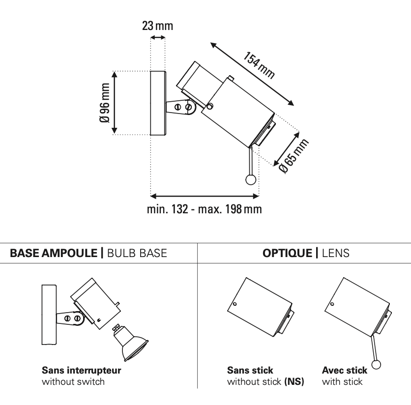 Biny Adjustable Spot with Stick, Black, GU10, Triac Dim, IP20