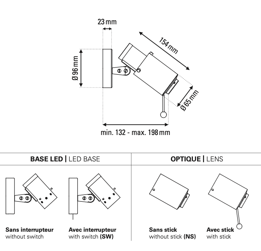 Biny Adjustable Spot with Stick, Black and Nickel, LED, On/Off, IP20