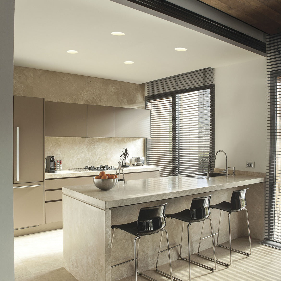 Blanco Round Plastered In Recessed Downlights in Situ in Small Kitchen