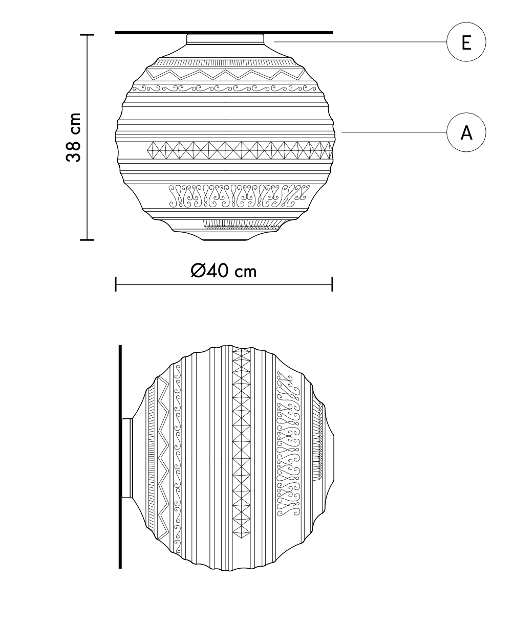 Technical drawing of a decorative ceiling light fixture with dimensions.