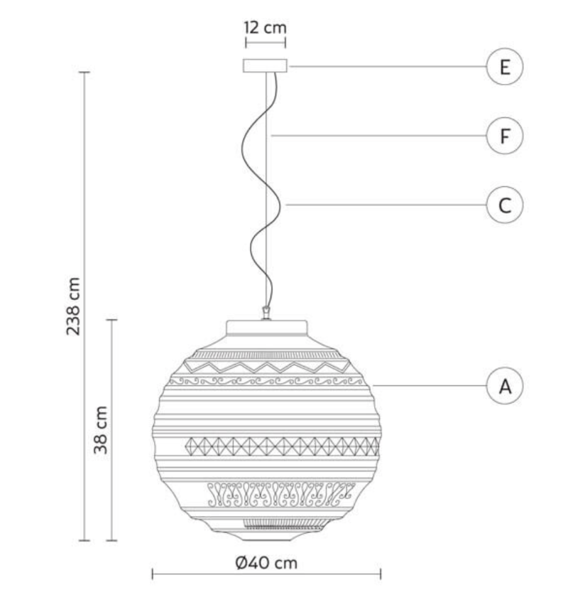 Measurement diagram of a decorative pendant light with labeled parts and dimensions.