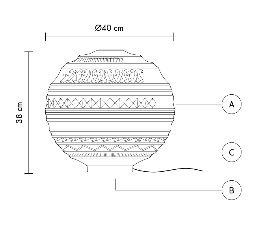 Technical drawing of a decorative vase with dimensions and labeled parts.